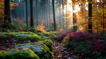 Obraz premium Green moss in natural forest with beautiful colours concept. Sunlight filters through trees in a vibrant autumn forest.