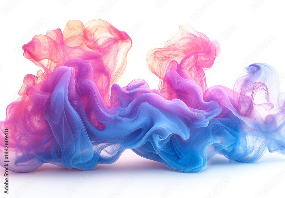 Poster abstract blue and pink ink in smoke art style on white background with soft flowing patterns and min