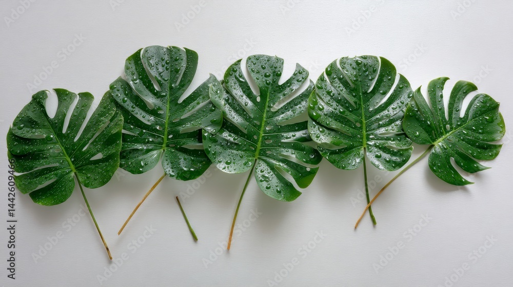 Poster top-down view showcases vibrant monstera leaves with glistening water droplets, arranged neatly, cre