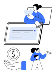 People engaging in teamwork through digital devices, holding heart shapes, financial support symbol, discussion. Ideal for collaboration, finance, health, communication, teamwork digital solution