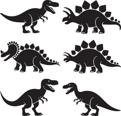 Dinosaur silhouettes T rex, triceratops, stegosaurus, brontosaurus, raptor, fun, black, kids, crafts
