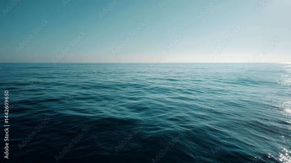 Poster the tranquil expanse of the sea meets the limitless sky, showcasing a subtle gradient from deep blue