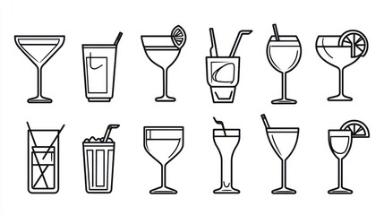 Cocktails, Drinks, Line Art, Icons