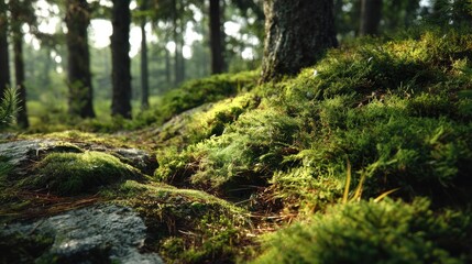 Green moss in natural forest with beautiful colours concept. Lush green moss covering rocks in a serene forest environment.