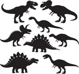 Dinosaur silhouettes T rex, triceratops, stegosaurus, brontosaurus, raptor, fun, black, kids, crafts
