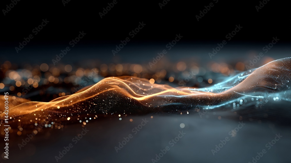 Poster abstract wave surface with glowing particles representing data flow and connectivity