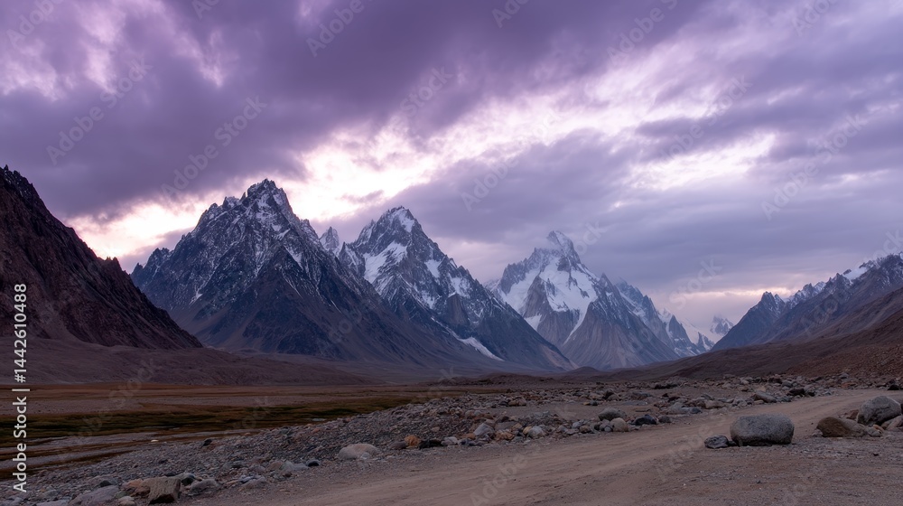 Poster majestic mountain summits stand illuminated by dusk, revealing a remote himalayan landscape with gen