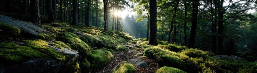 Obraz premium Green moss with natural colours in peaceful forest concept. Sunlight filtering through a serene forest.