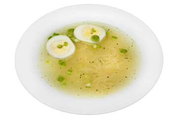 Chicken soup with egg and green peas isolated on a white background.