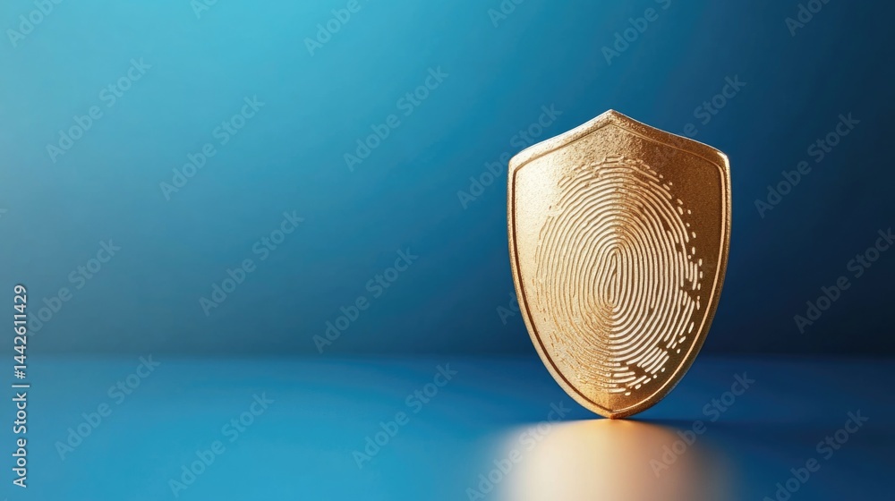 Poster golden shield with fingerprint inside and light sparks for digital security concept, personal id ver