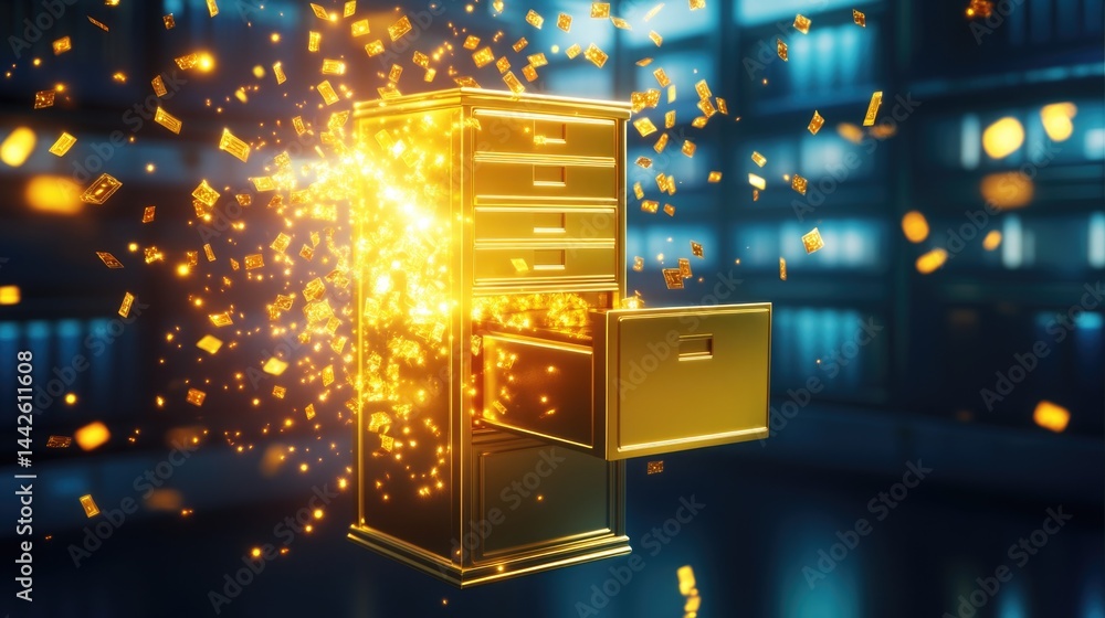 Poster glowing gold file cabinet exploding with digital data particles in a futuristic server room