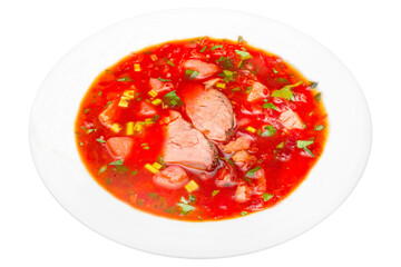 Soup with meat and vegetables. Isolated on a white background.
