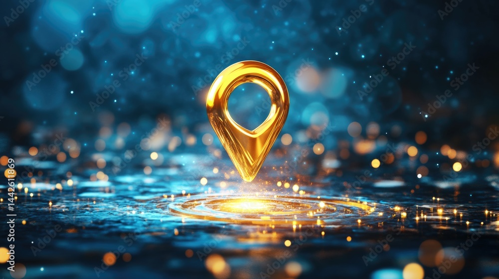 Aufkleber golden location pin on water. 3d navigation pointer for business address and map positioning. abstra