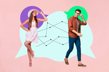 3d sketch poster trend collage of two happy girl guy stand bubble communication speech chatterbox...