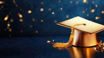 Golden mortarboard against a dark blue cosmic background for graduation celebration materials, academic success and achieving goals in science and knowledge
