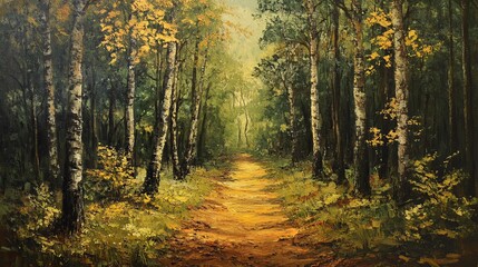 Fototapeta premium Autumnal birch forest path golden sunlight peaceful nature scene art oil calm fall road trees woods