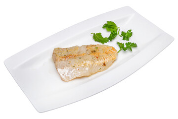 Grilled scallops with parsley on white plate. Isolated over white background