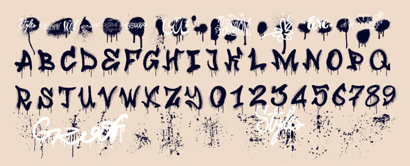 Black spray graffiti font. Urban alphabet, street art letters. Grunge drip print, fashion texture lettering splash. Sprayed letter drops creative poster. Graffiti vector font spray grainy bold texture