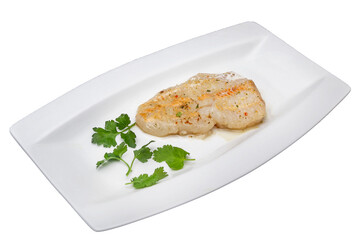 Grilled scallops with parsley on white plate. Isolated over white background