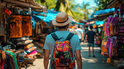 Obraz premium view of a man walking in the market wearing a hat and bag