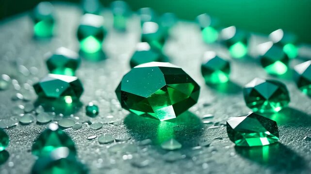 Display jewelry, gemstone showcase, luxury rings. Visual appeal. Emeralds gleam under soft lighting. Jewels reflect exquisite craftsmanship. Exquisite design attracts affluent buyers.