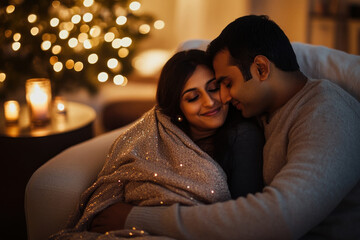 smiling young indian couple snuggling on cozy couch with warm blanket. intimate moment by candlelight with bokeh lights. st. valentine's day or christmas greeting card, romantic concept