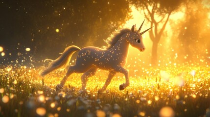 A whimsical unicorn gallops through a sunlit meadow, bathed in golden light.  Sparkling details and soft colors create a magical scene