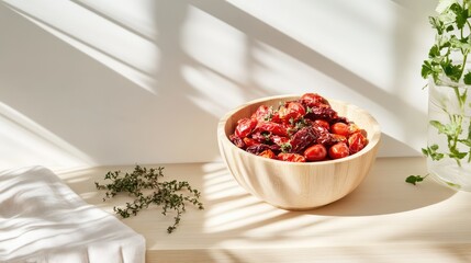 Sun-dried tomatoes in close-up view, showing detailed texture and vibrant red color, perfect for culinary and organic food themes.