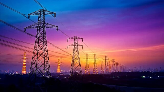 Electric Transmission Silhouette: A breathtaking composition showcasing a row of towering electrical transmission towers against a vibrant, painterly sunset sky, signifying power.