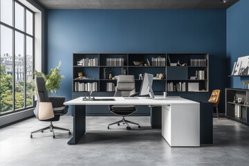 Modern office interior with large windows