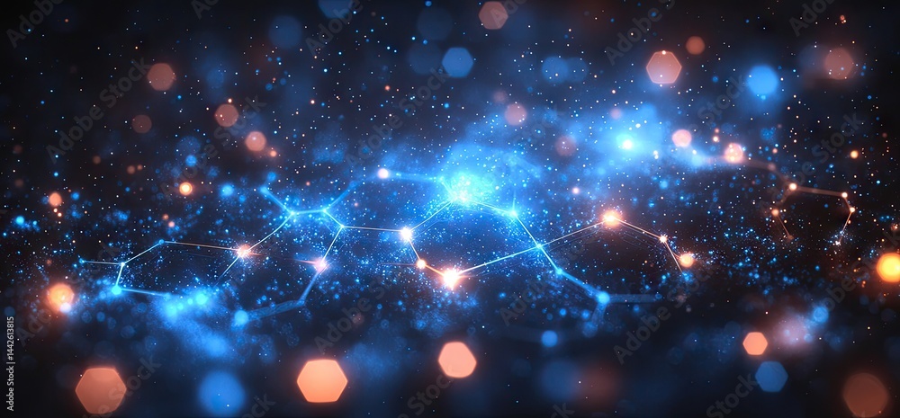 Poster abstract digital network design with glowing particles.
