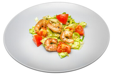 Salad with shrimps, tomatoes and cucumbers. Isolated over white background