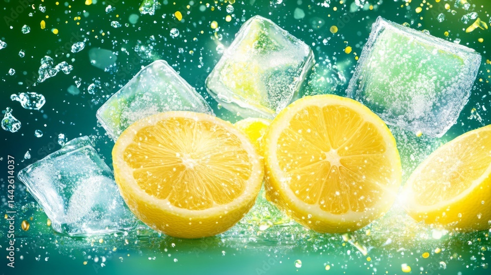 Aufkleber slice of lemon splashing in water with ice cubes in action shot. concept of freshness and hydration 