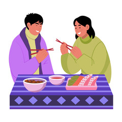 Friends eating food together, flat style illustration