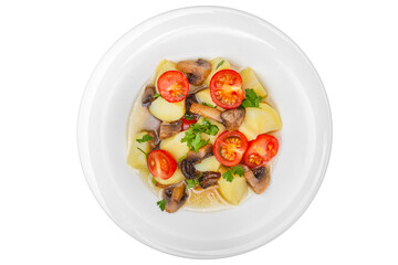 Boiled potatoes with mushrooms and tomatoes. Isolated over white background