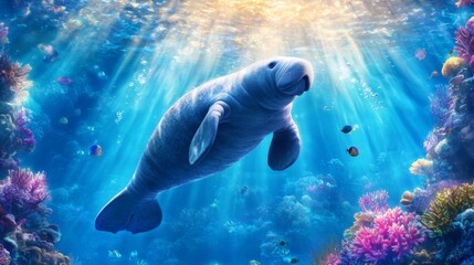 Naklejka premium A manatee swims gracefully through vibrant tropical coral reef surrounded by colorful fish species and sunbeams filtering down from surface, underwater ecosystem.