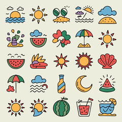 71.epsHand-drawn summer vacation doodle illustration featuring the sun, clouds, watermelon, palm trees, shell, and beach icons with a colorful watercolor splash background. Ideal for holiday, travel, 