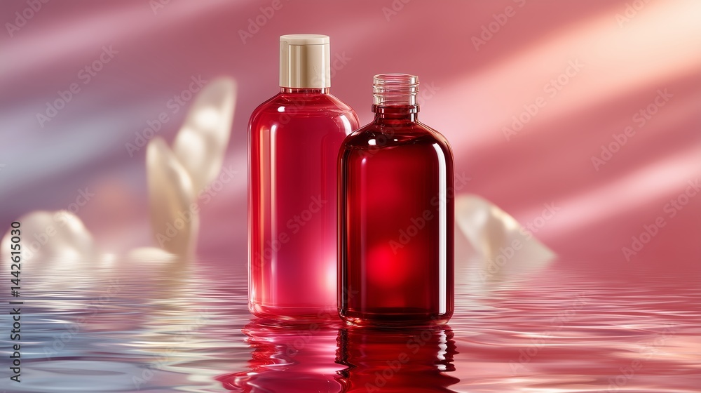 Poster red liquid bottles on a reflective surface with a soft gradient background during daylight hours