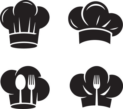 Chef hats silhouette set tall toque, side view, stylized chef icon, spoon, fork, black culinary clipart
