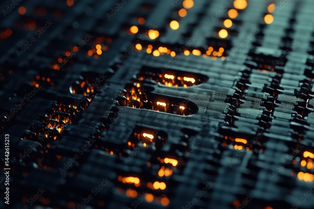 Poster close-up view of circuit board with glowing led lights and patterns