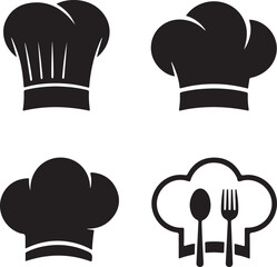 Chef hats silhouette set tall toque, side view, stylized chef icon, spoon, fork, black culinary clipart

