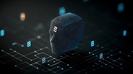 Artificial Intelligence Geometric head, digital network, blue binary code, futuristic tech