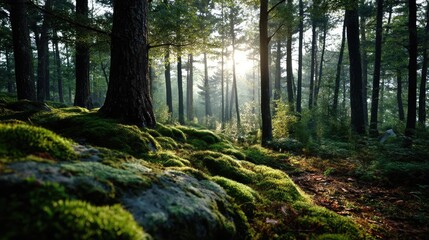 Obraz premium Green moss with natural colours in peaceful forest concept. Serene forest scene with sunlight filtering through.