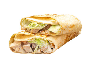 Tortilla wrap with chicken and salad isolated on white background.