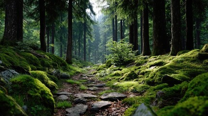 Obraz premium Green moss with natural colours in peaceful forest concept. Serene forest path surrounded by lush greenery.