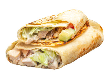 Tortilla wrap with chicken and salad isolated on white background.