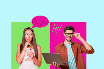 Collage showing man and woman engaged in social media chat representing dating app conversation...