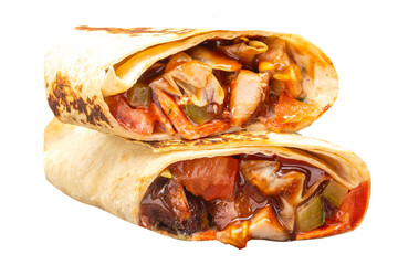 Tortilla wrap with chicken and vegetables isolated on white background.