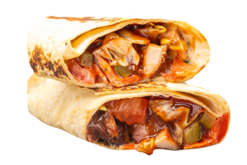 Tortilla wrap with chicken and vegetables isolated on white background.