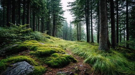 Obraz premium Green moss with relax mood in green forest concept. Lush forest path lined with diverse greenery.